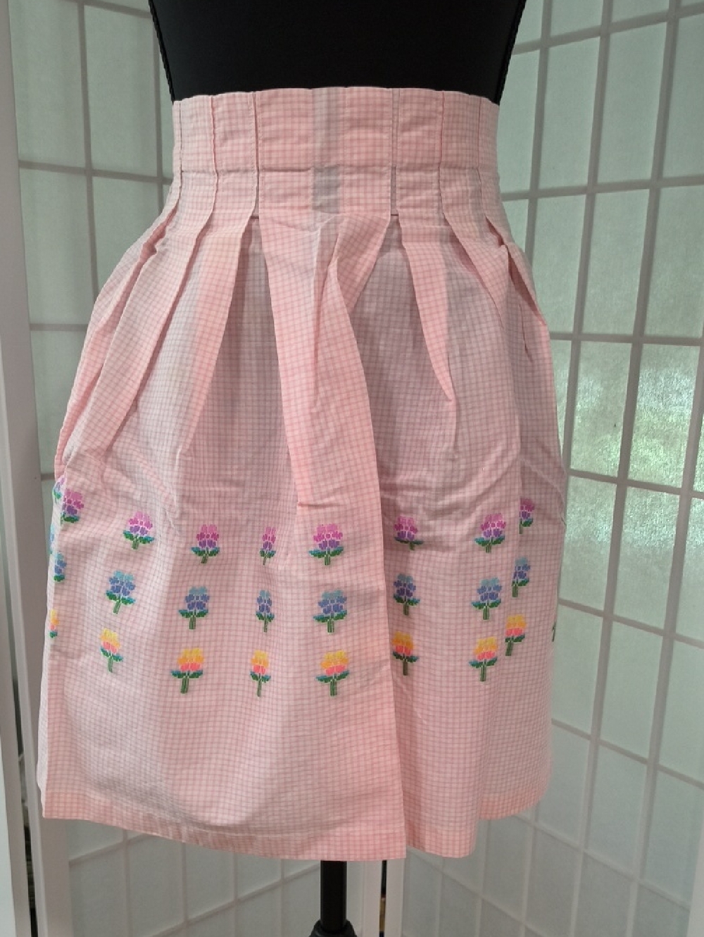 Vintage Mid-Century Pink Gingham Embroidered Half Apron | Pleated Retro Kitchen